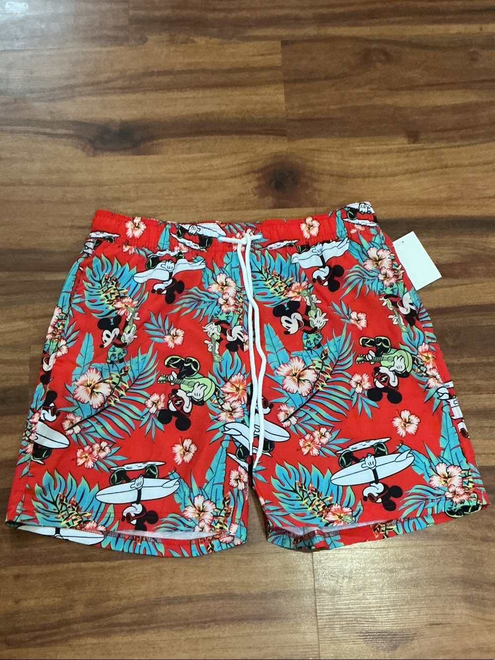 Men's Red Tropical Print Swim Shorts with Drawstring Disney Mickey Mouse medium